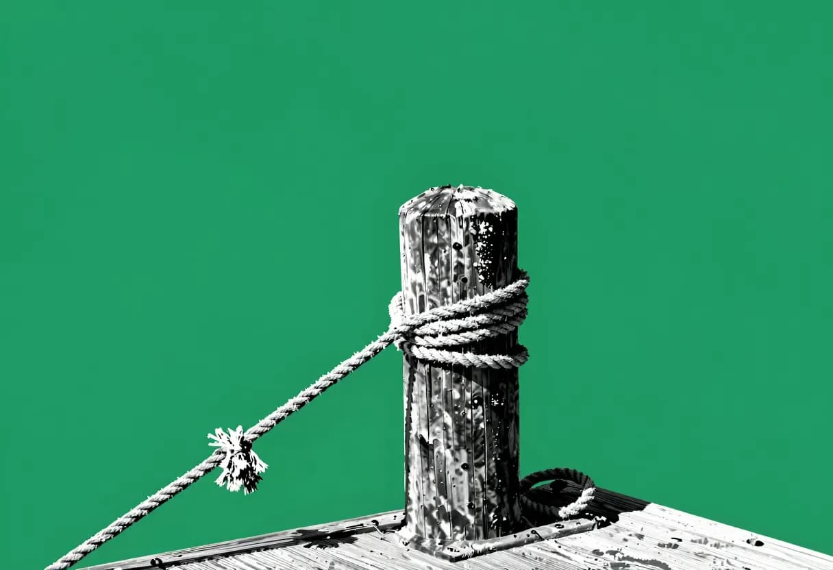 A wooden dock post holding several tied ropes, with one rope cut and hanging loose above the water.