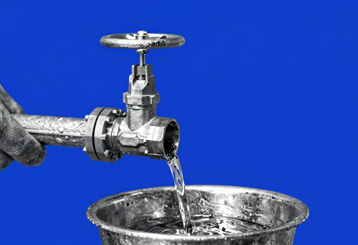 A brass valve wheel on a steel pipe is turned open, letting a stream of golden liquid pour into a metal basin beneath it.