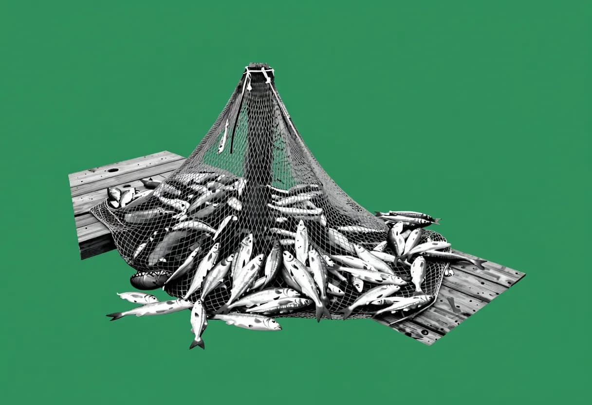 A bulging fishing net full of small silver fish sits on a wooden dock, with only a handful of stray fish scattered outside the net.