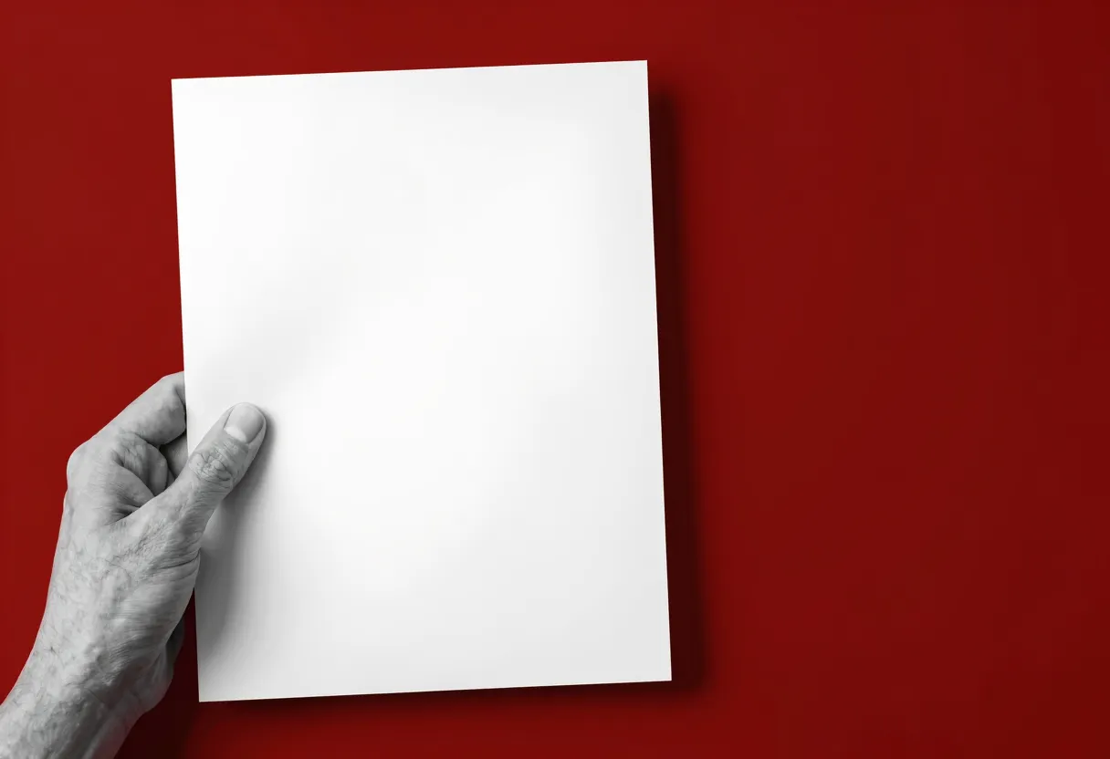 A hand holds a blank white sheet of paper against a light source, showing a faint watermark pattern within the paper.