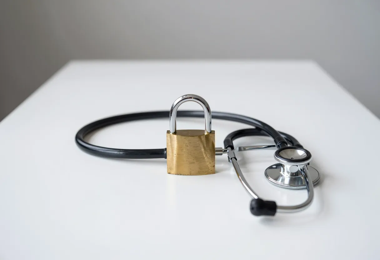 A stethoscope wrapped around a closed brass padlock on a white surface.