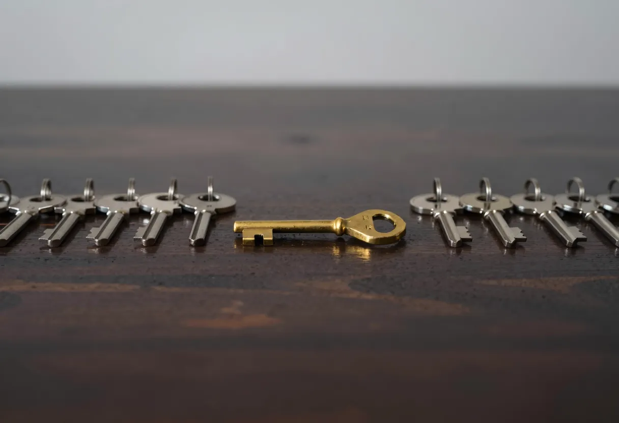 A single ornately cut brass key set apart from a neat row of plain identical silver keys on a dark wood surface.