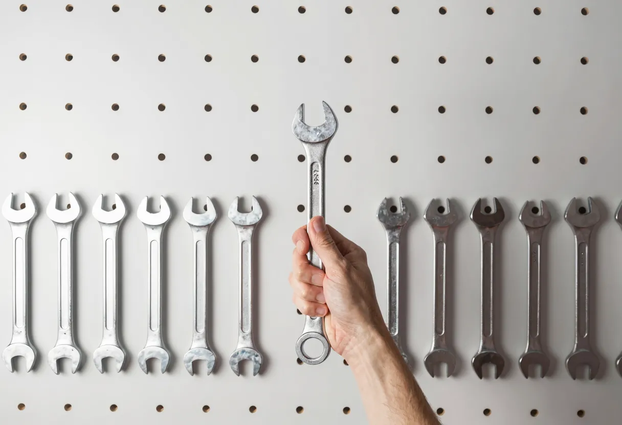 A hand selects one wrench from a pegboard of various wrench sizes and holds it next to a bolt to check the fit.