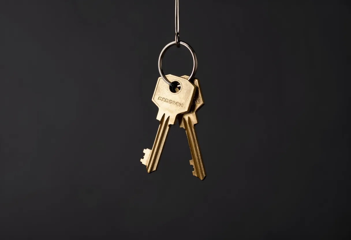 Two brass keys with different cut patterns hang together on one keyring against a dark background.