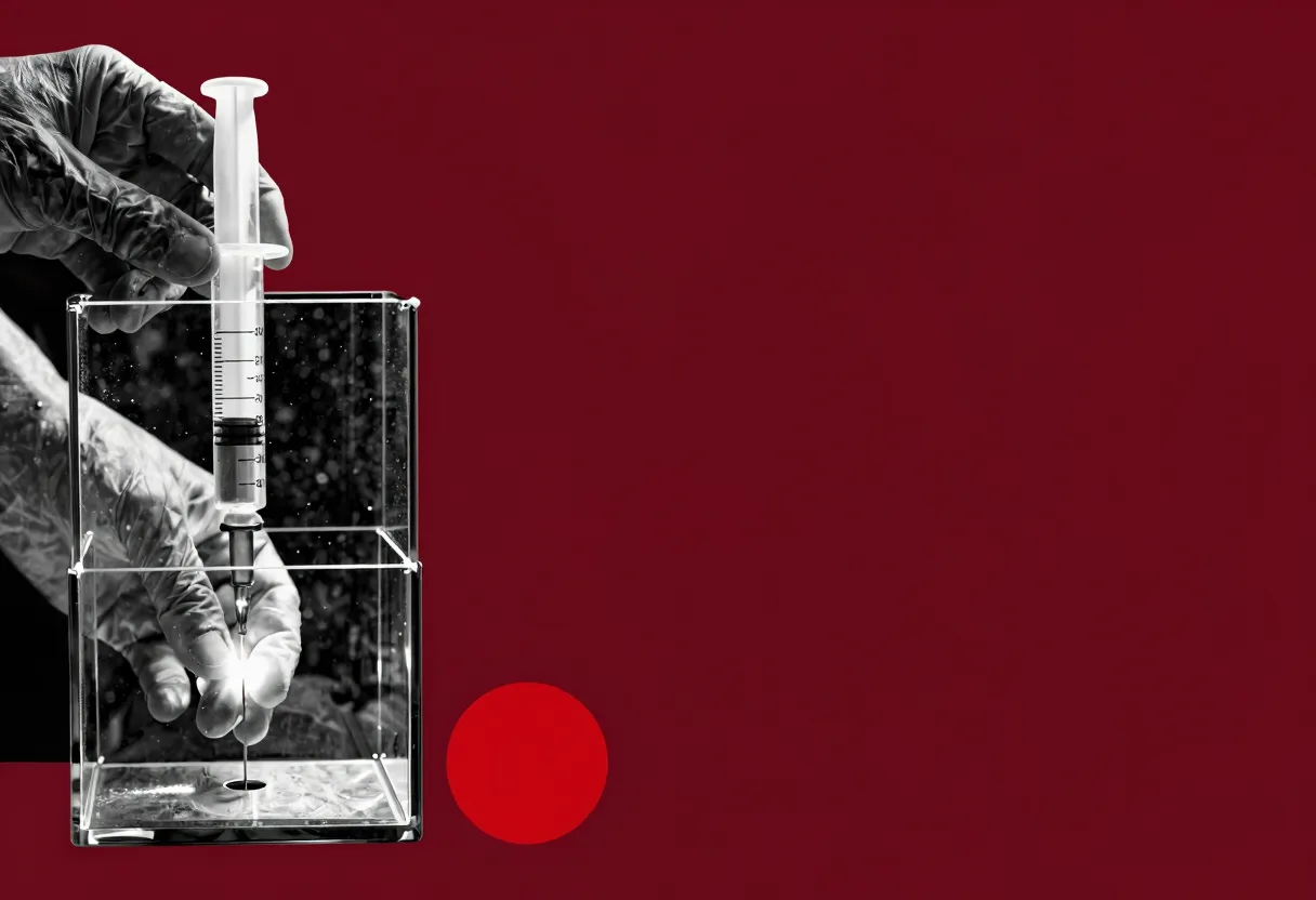 A syringe injects amber liquid through a small opening in the glass wall of a sealed terrarium.