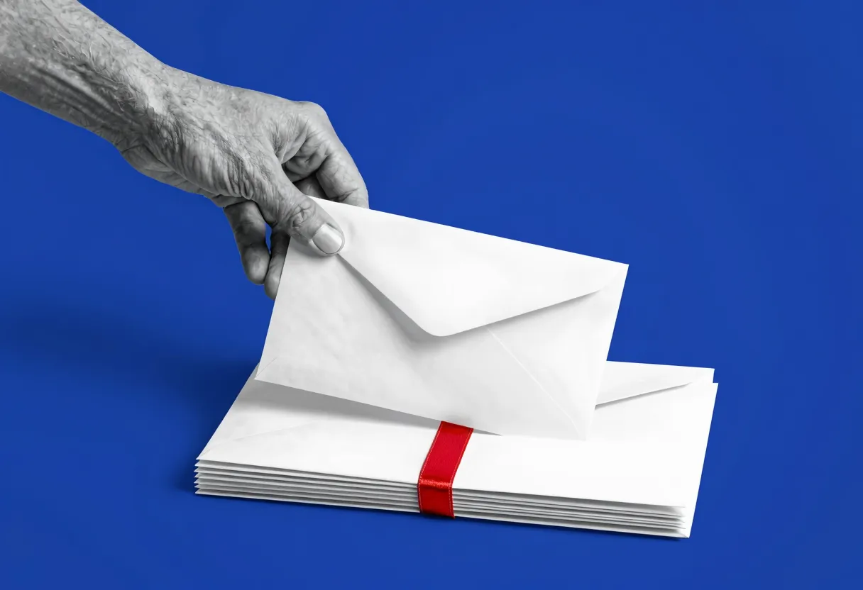 A hand slides one envelope, tied with a red ribbon, out from a stack of plain sealed envelopes.