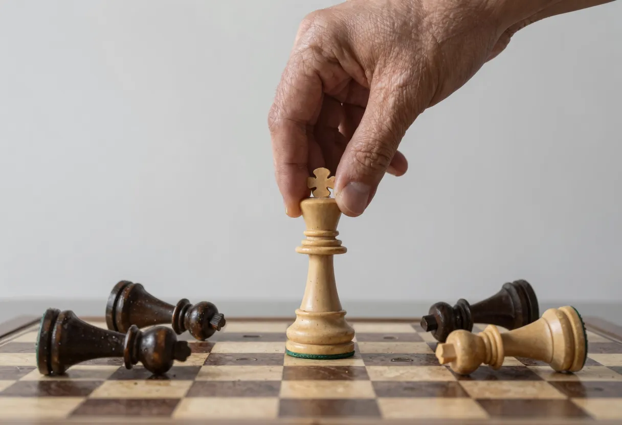 A close-up of a hand moving a single chess piece forward on a chessboard, with other pieces toppled and covered in dust nearby.