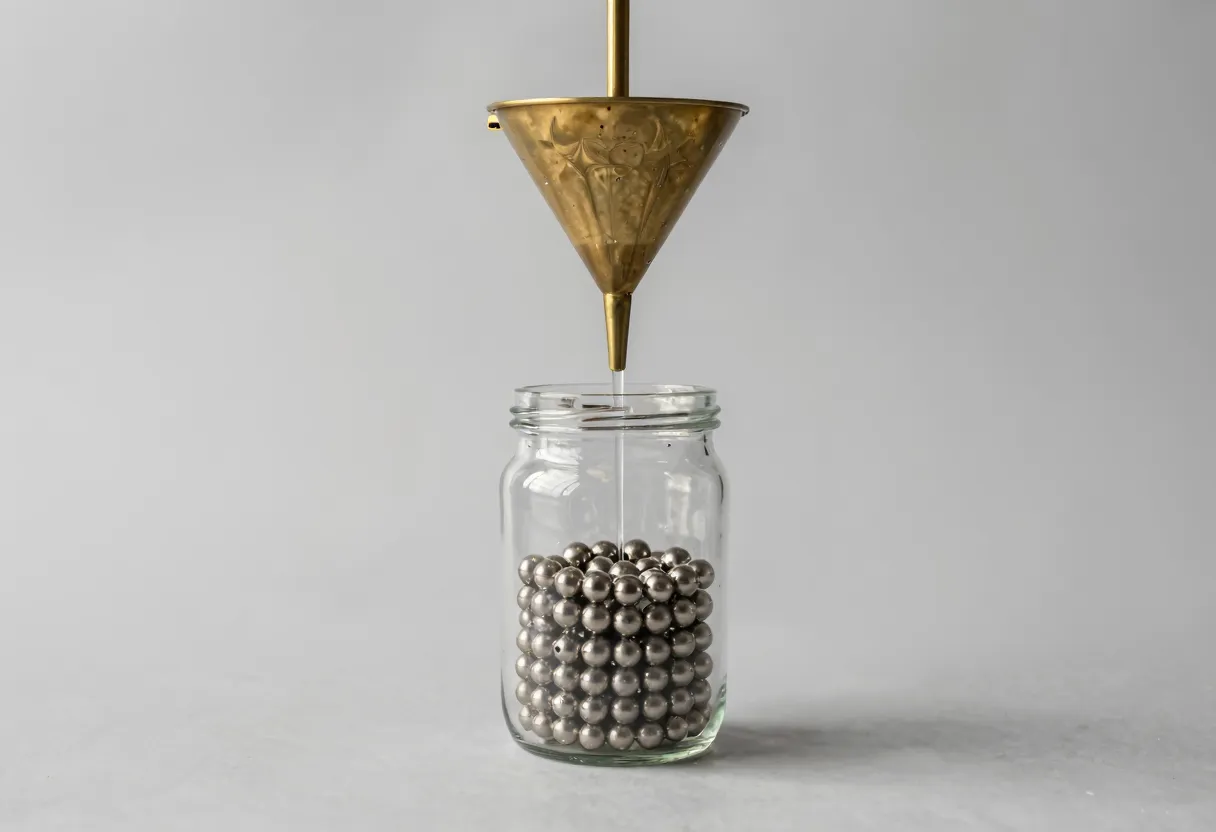 A brass funnel sits above a clear glass jar, metal ball bearings falling through it and arranging themselves into orderly stacked rows inside the jar.