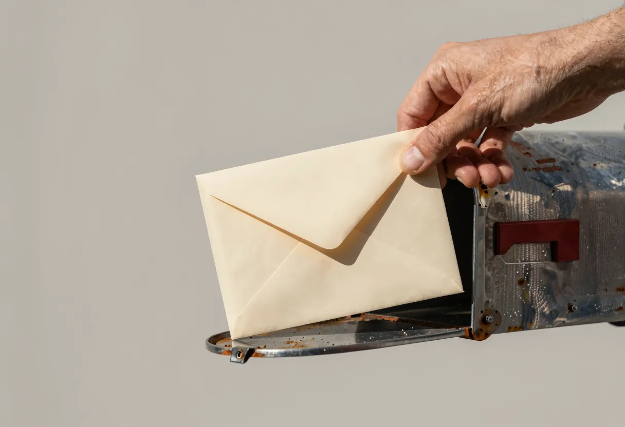 A hand withdraws a textured cream envelope from an old metal mailbox in bright sunlight.