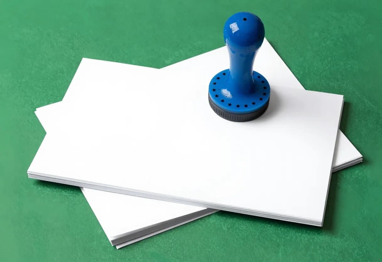 A blue rubber stamp encircled by small stars presses wet ink onto a stack of blank glossy photographic prints.