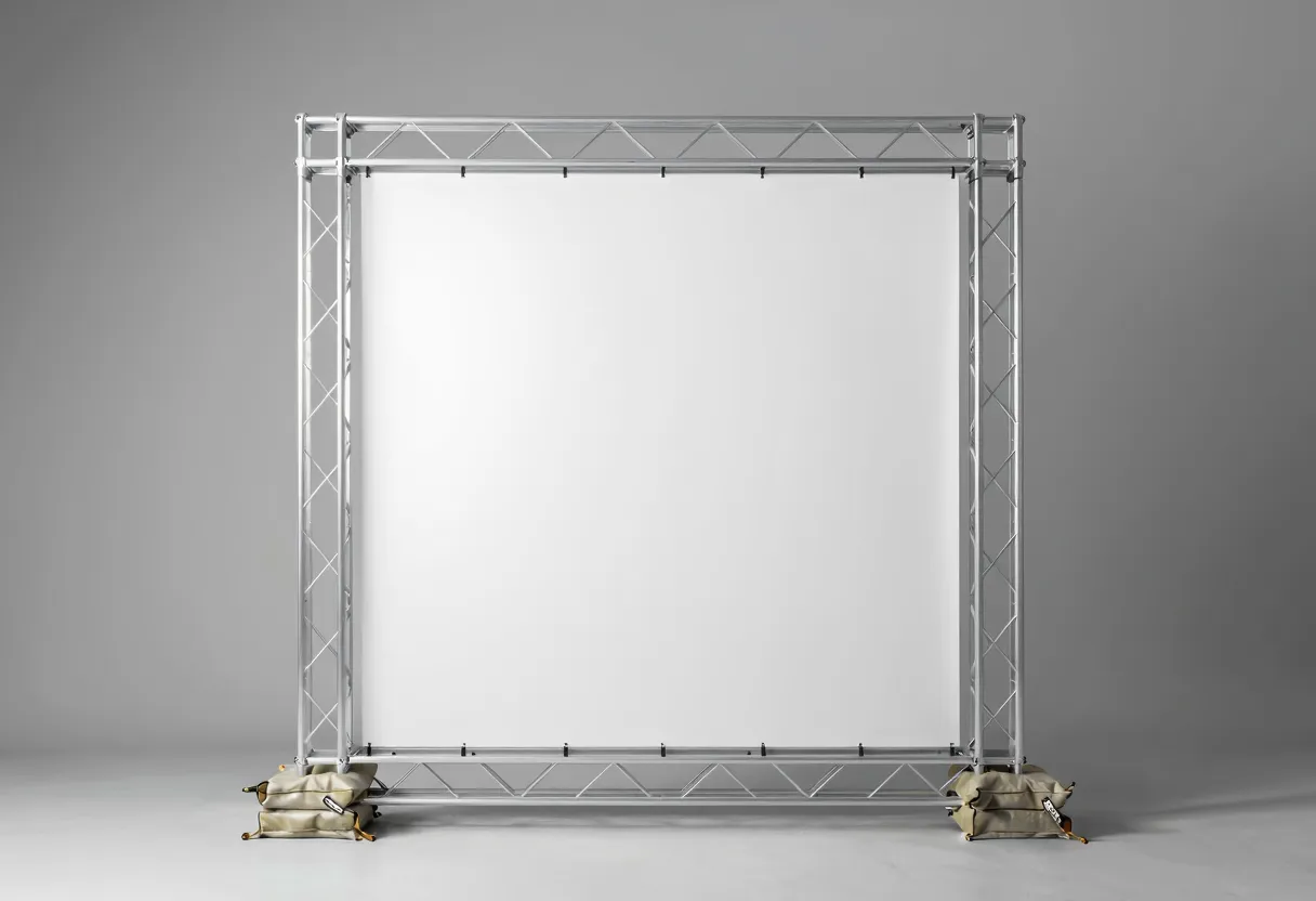 An empty aluminum truss frame, the kind used to build event backdrops, stands upright in a large empty warehouse with sandbags stacked at its base.