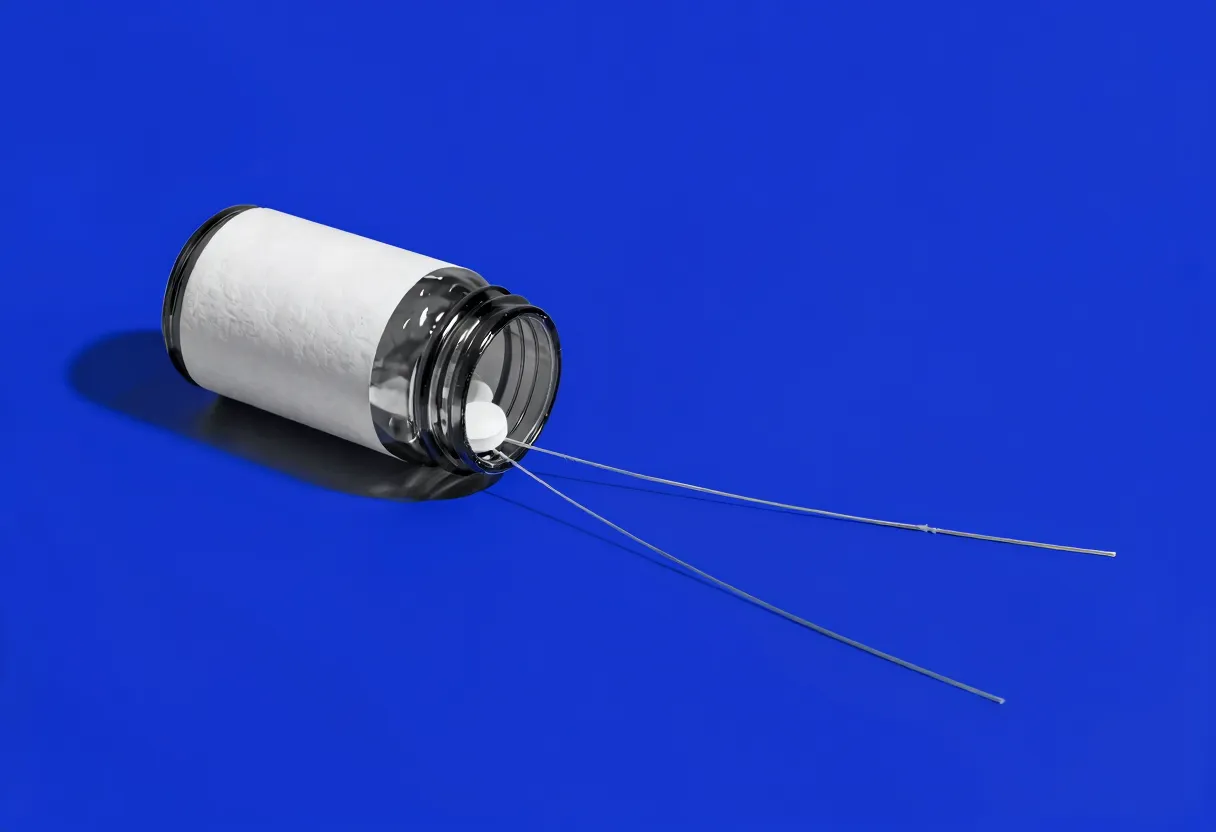 An amber pill bottle on its side with the cap removed, three colored threads spilling from the opening and stretching tightly out of frame.