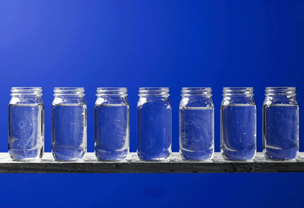 Six clear glass jars stand in a line on a wooden shelf, each filled with water to a different level except for one jar in the center that is empty.