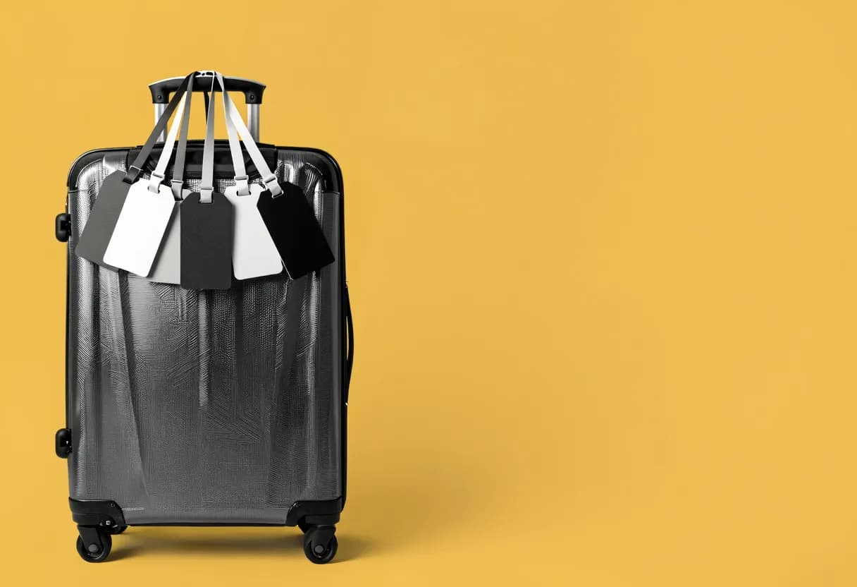 A suitcase with multiple colored luggage tags tied together on its single handle, shown against a plain background.