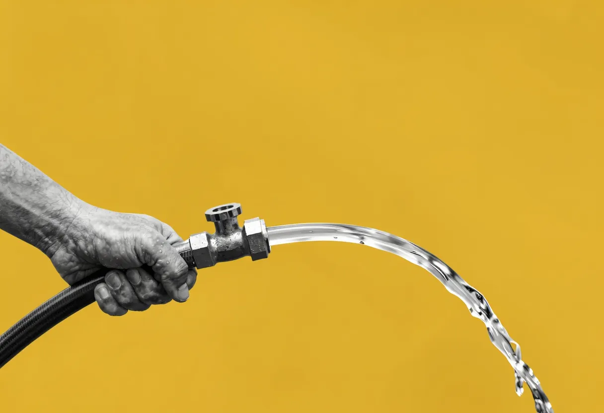 A close-up of a hand tightening a metal clamp on a clear garden hose, restricting the water flowing inside.
