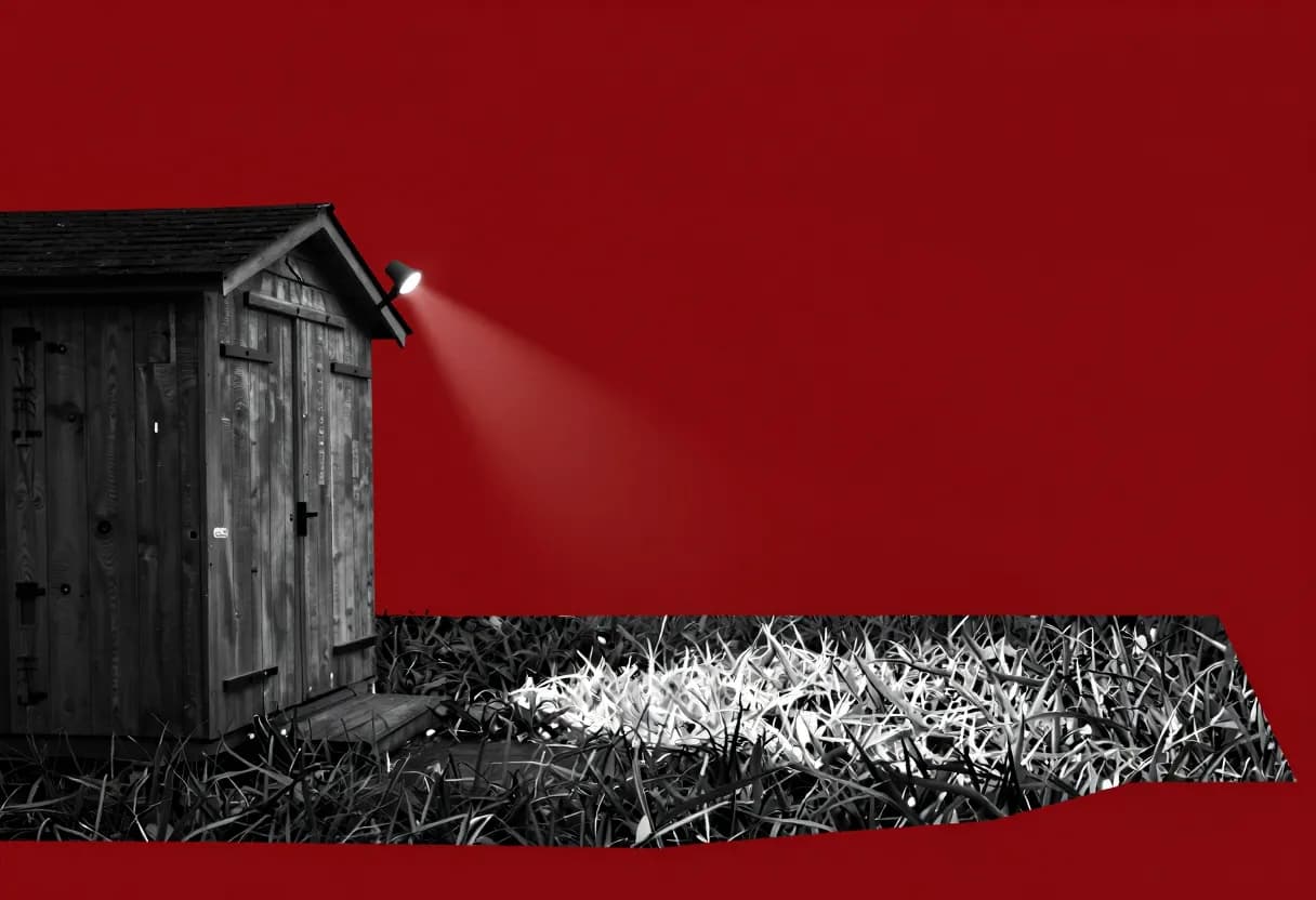 A spotlight shines on an empty patch of grass next to a closed garden shed in daytime.