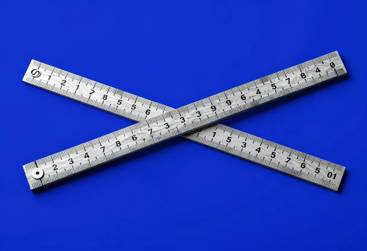 A wooden ruler that has been split lengthwise into two halves, which are separated slightly from each other on a flat grey surface.