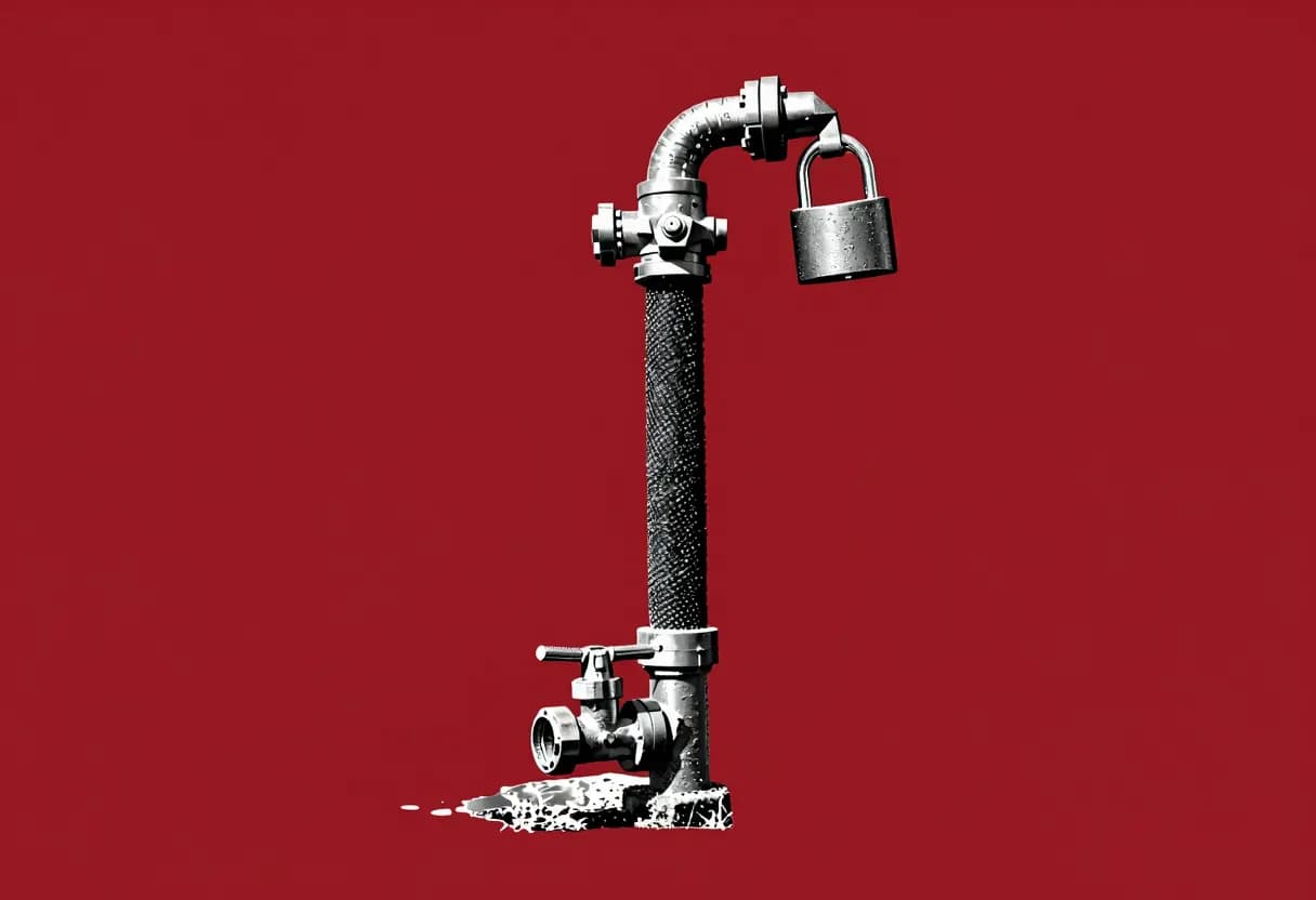 A garden hose with a padlock fastened around its middle, water pooling beneath the blocked valve.