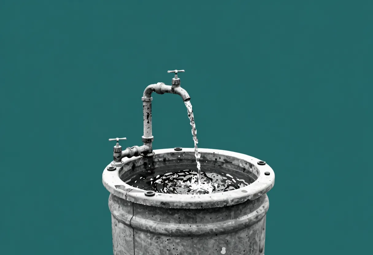 An elevated water tank with multiple spigots attached, water flowing from only one tap while the others remain closed and dry.