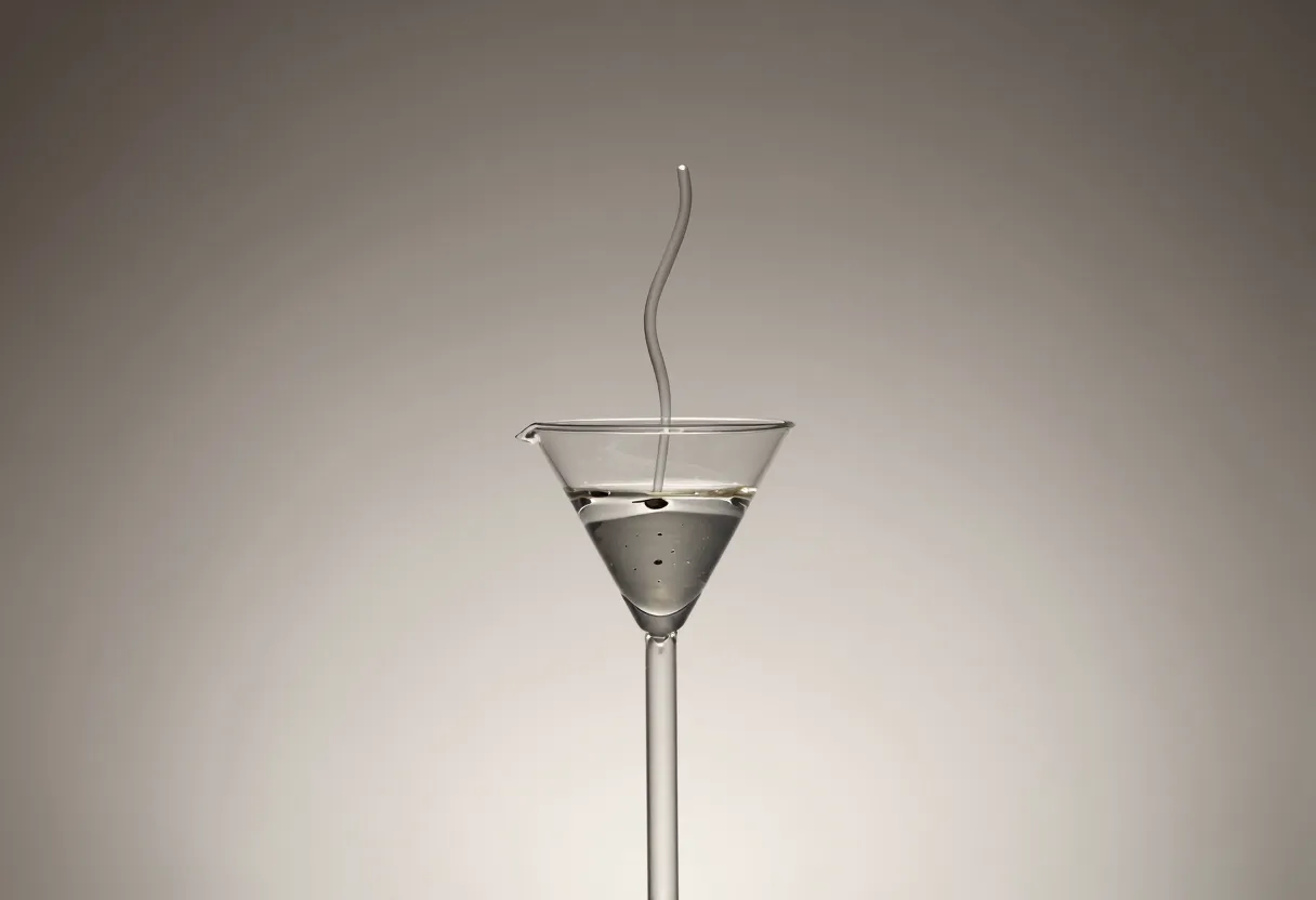A glass funnel with a transparent tube looping from its spout back up into its mouth, forming a continuous closed circuit filled with water.