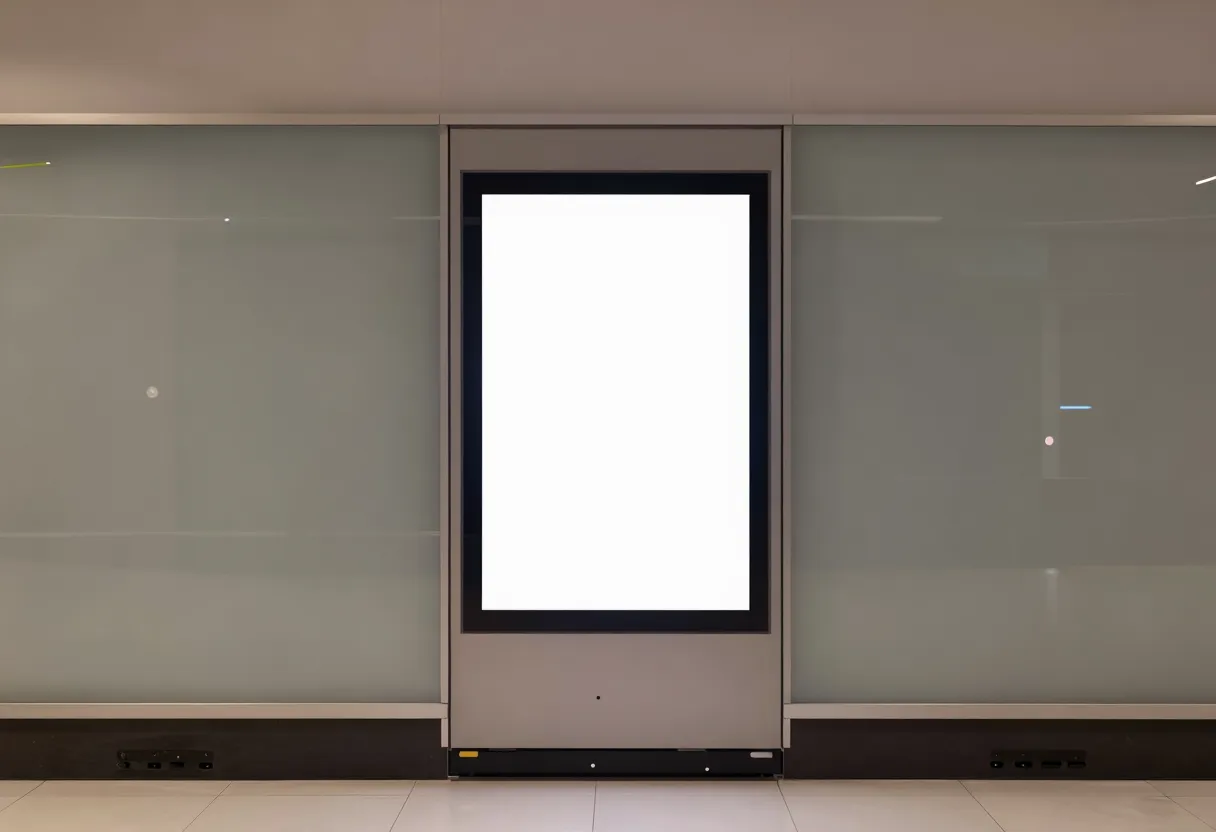 A glass cooler door in a retail aisle with a small illuminated blank advertising panel built into the frame, no other products or people visible.