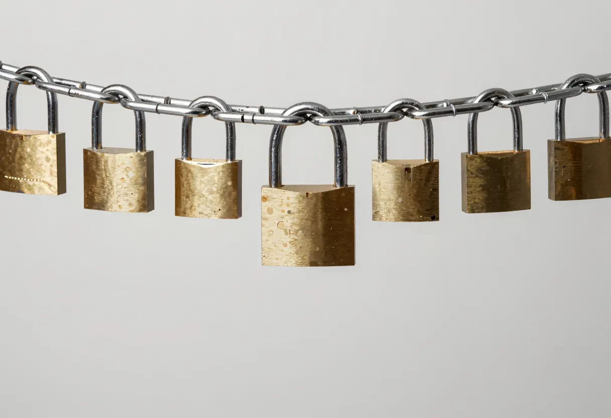 Several matching padlocks fixed along a metal chain, with one padlock partly unscrewed and its shackle open.