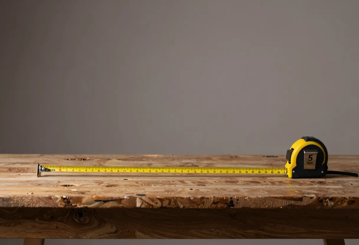A metal tape measure stretched across a wooden table, hook clipped to the far edge, the blade extending taut toward the camera.