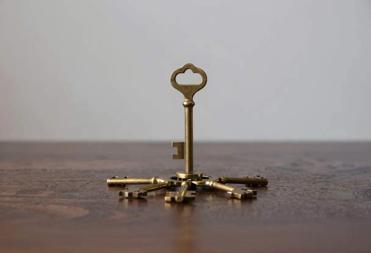 One brass key is lifted away from a ring holding six matching keys on a dark wooden surface.