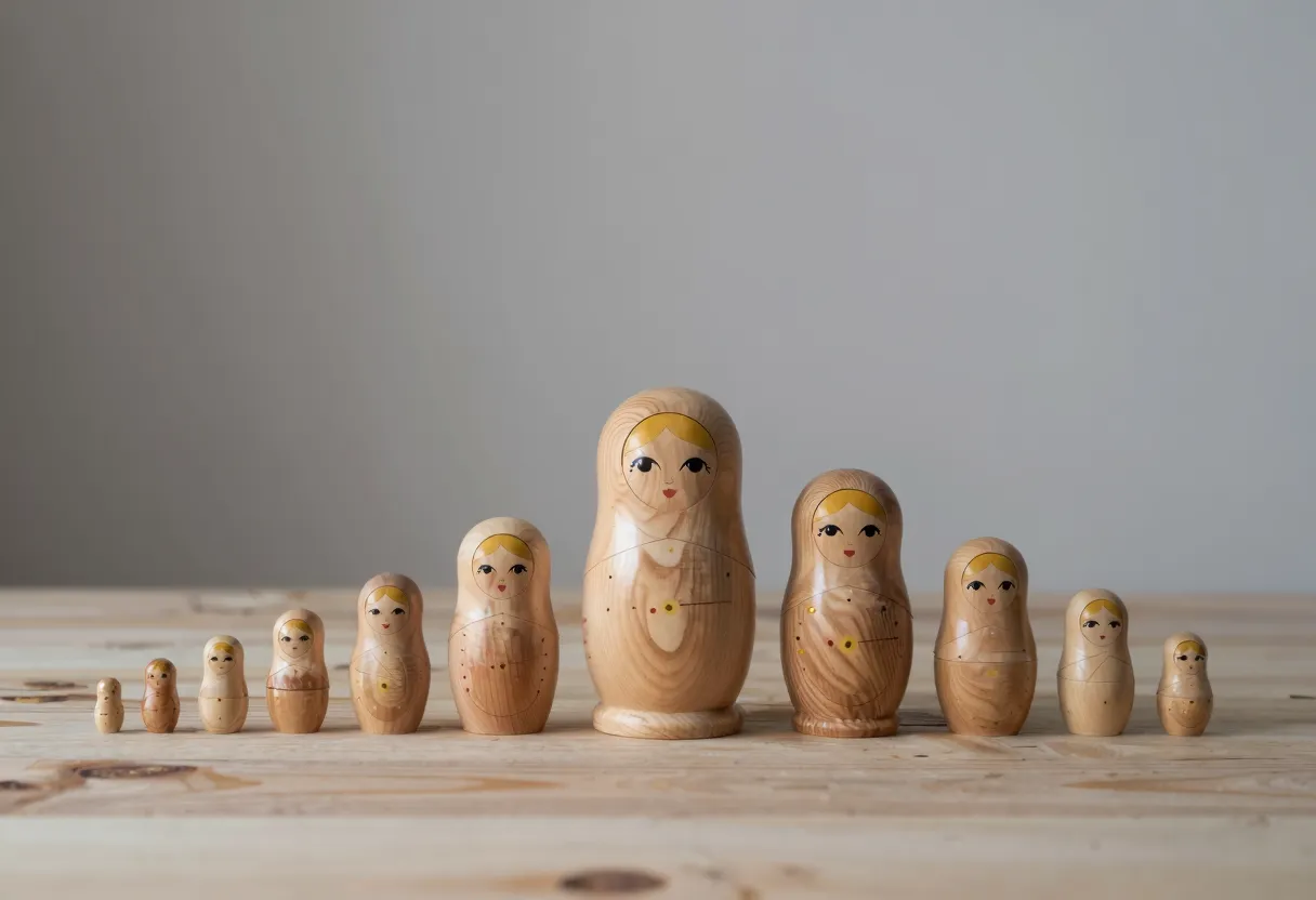 Wooden nesting dolls of increasing size lined up in sequence from smallest to largest on a table.