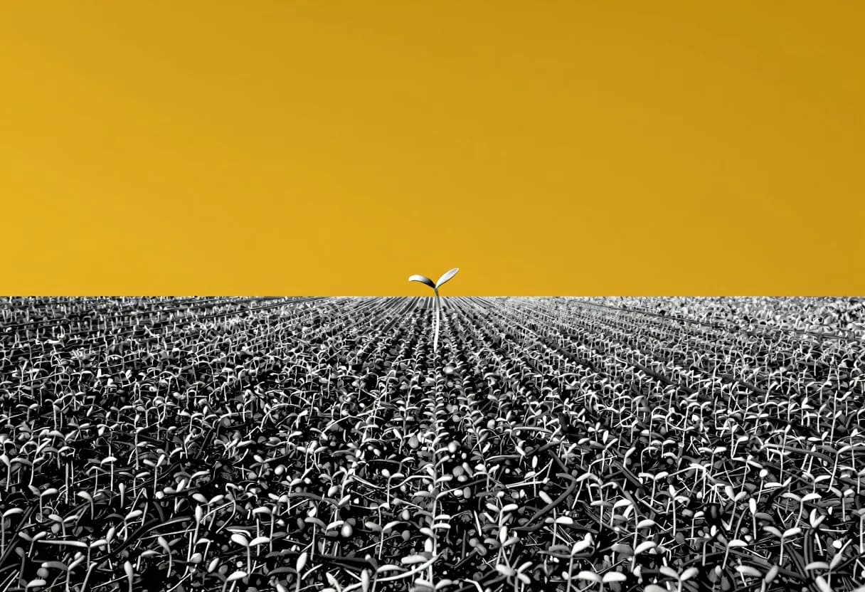 One small seedling in the foreground with an enormous field of identical seedlings extending into the distance under open sky.
