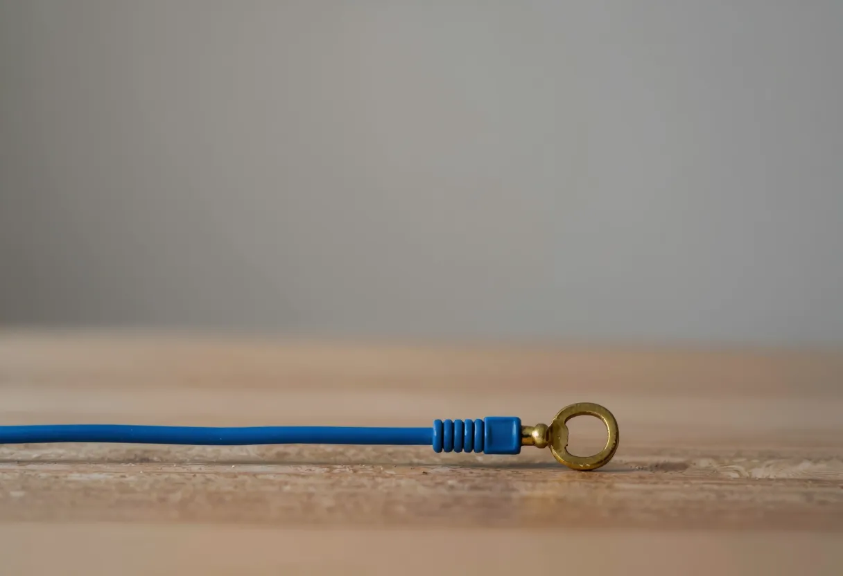 A brass key attached to the end of a neatly coiled blue ethernet cable on a wooden table.