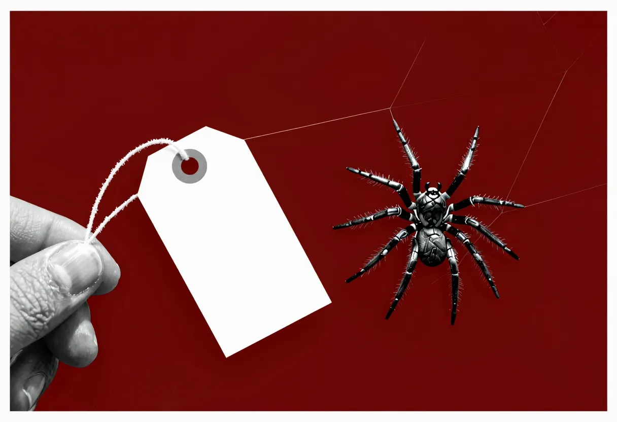 A small mechanical spider entangled in a backlit spider web, with a blank paper tag attached to one of its legs by a piece of string.