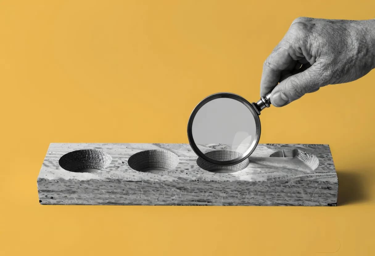 A hand places a second brass magnifying glass into the last empty circular slot of a wooden case that already holds one identical magnifying glass.