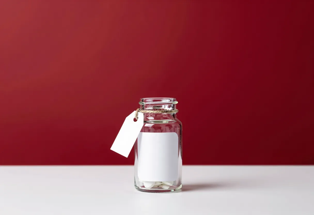 A glass pill bottle on a plain white background with a small blank paper tag attached to its neck by string.