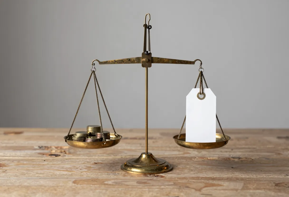 A brass balance scale with a pile of coins on one pan and a blank paper price tag on the other, the coin side tilted lower.