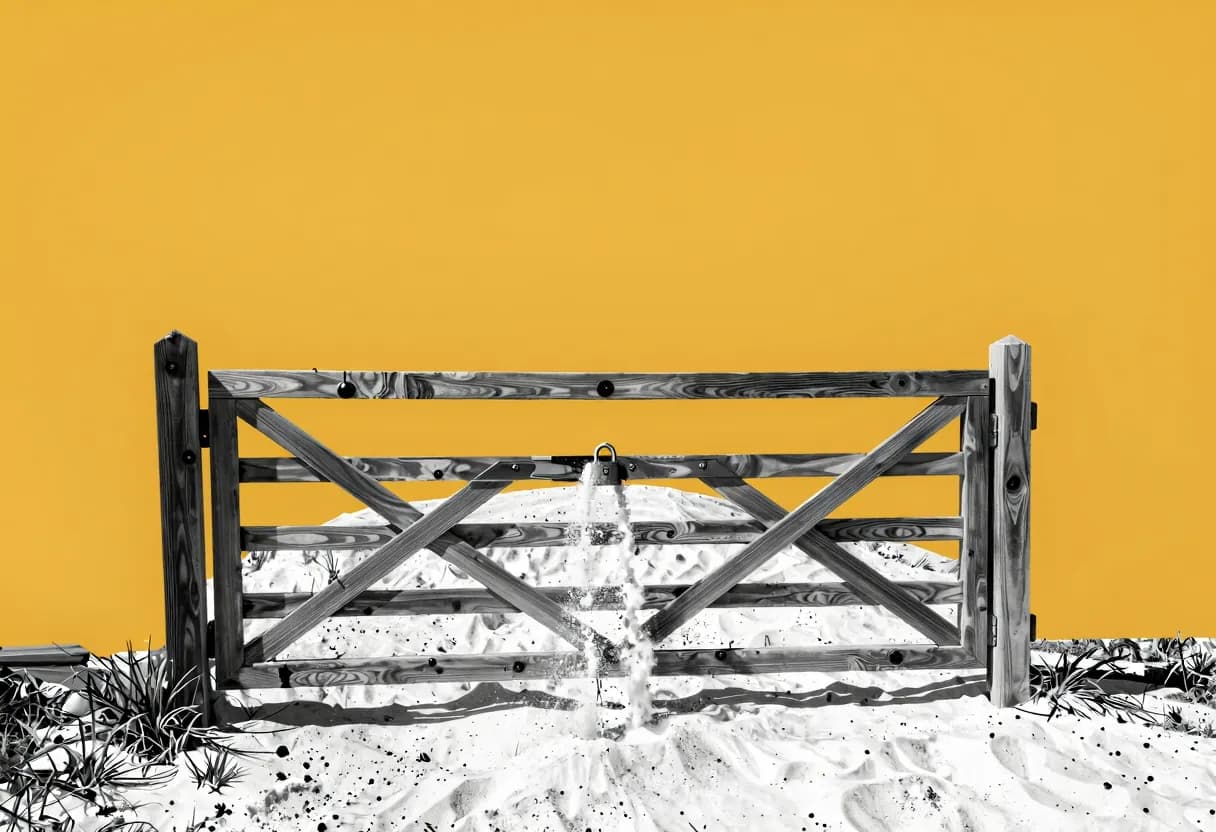 A closed and padlocked wooden gate stands in an open field while a wave of white sand flows beneath and around it, unobstructed.