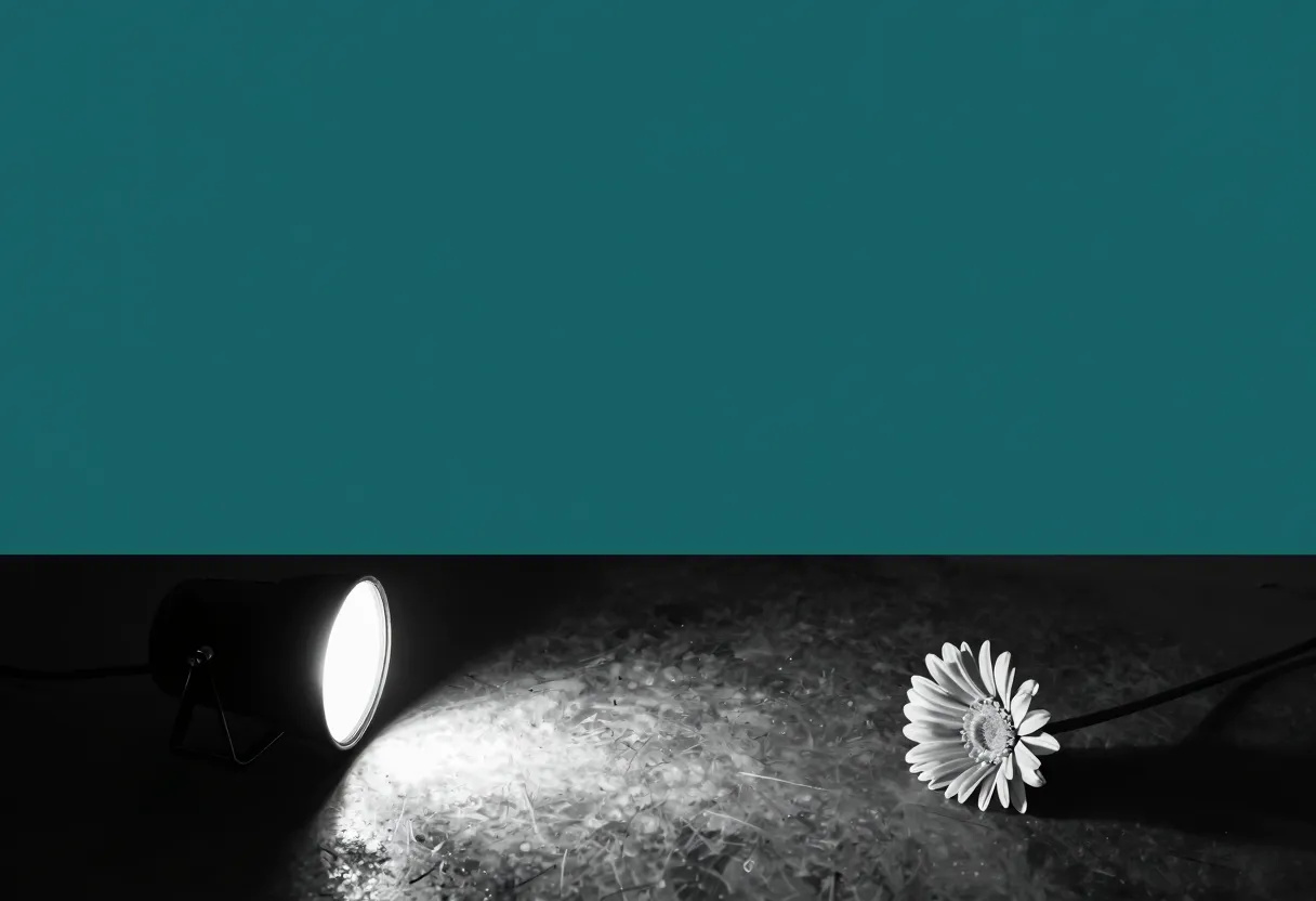 A bright circular spotlight on a dark floor shines on a real flower, with a similar-looking plastic flower resting just outside the lit area in shadow.