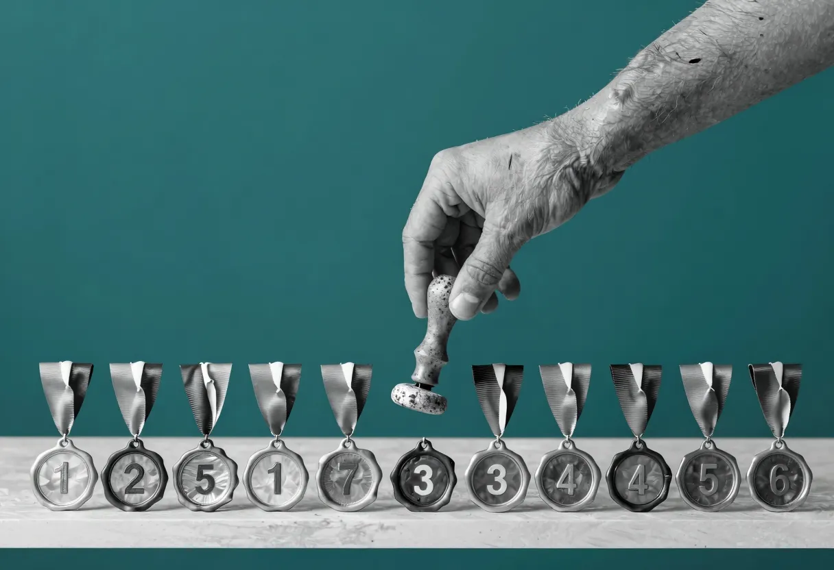 A hand reaches into a row of numbered ribbon medals and picks up a stone stamped with a wax seal instead of the medal in first place.