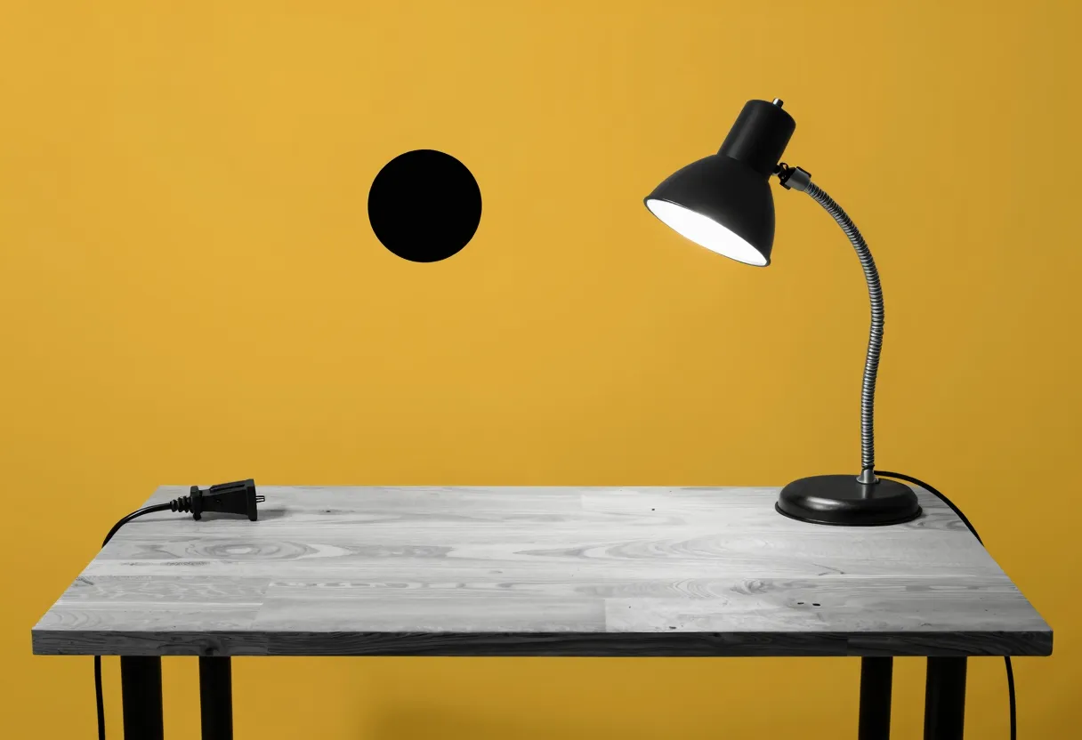 A dark desk lamp sits on an empty desk with its power cord pulled loose and hanging off the edge, unplugged from the wall socket.