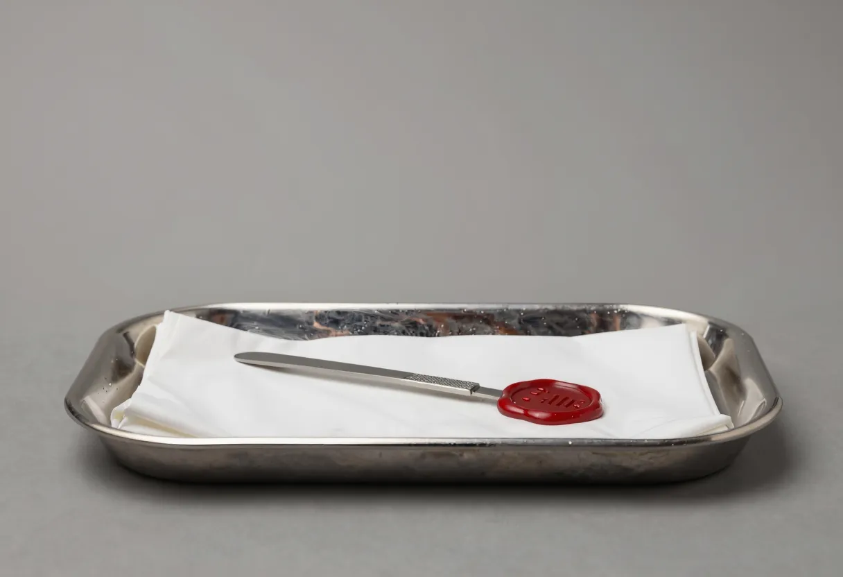 A scalpel lies next to a red wax seal pressed onto a folded white cloth on a metal tray.
