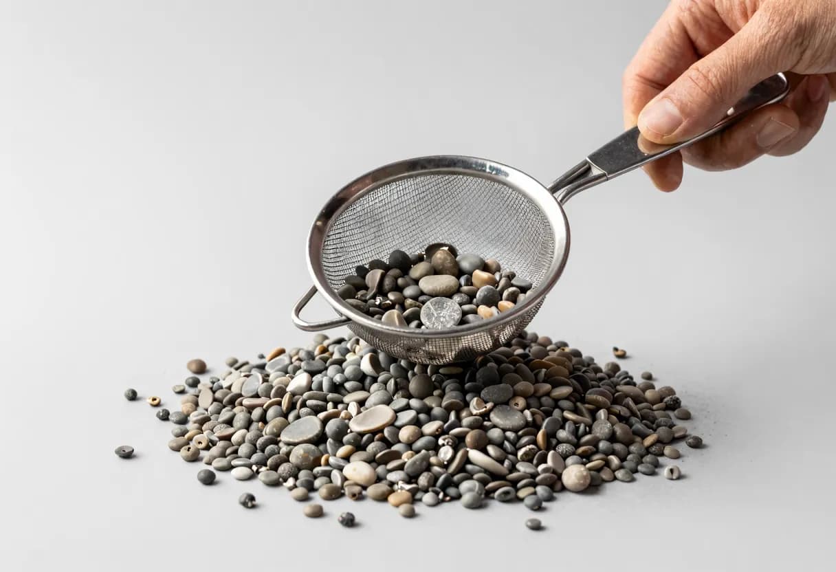A hand holds a metal sieve over a pile of grey pebbles, with several larger stones remaining on the sieve's mesh while smaller ones fall through.