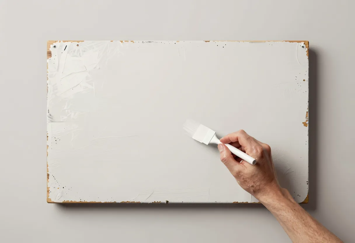 A hand paints fresh colour over half of an old, weathered wooden sign, the other half still showing faded original paint.
