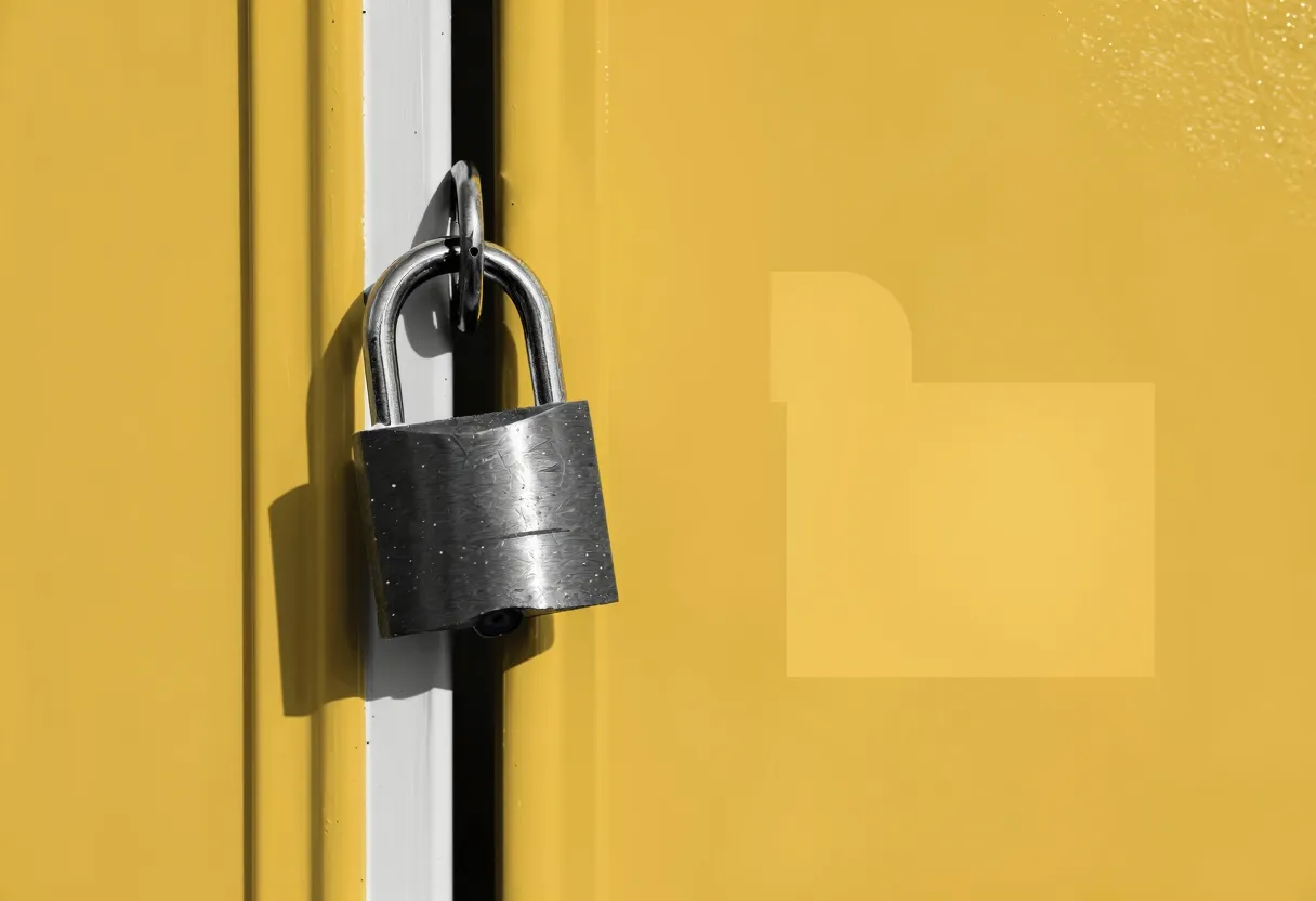 A padlock with its shackle unlocked hangs from a chain on a slightly open storefront door.