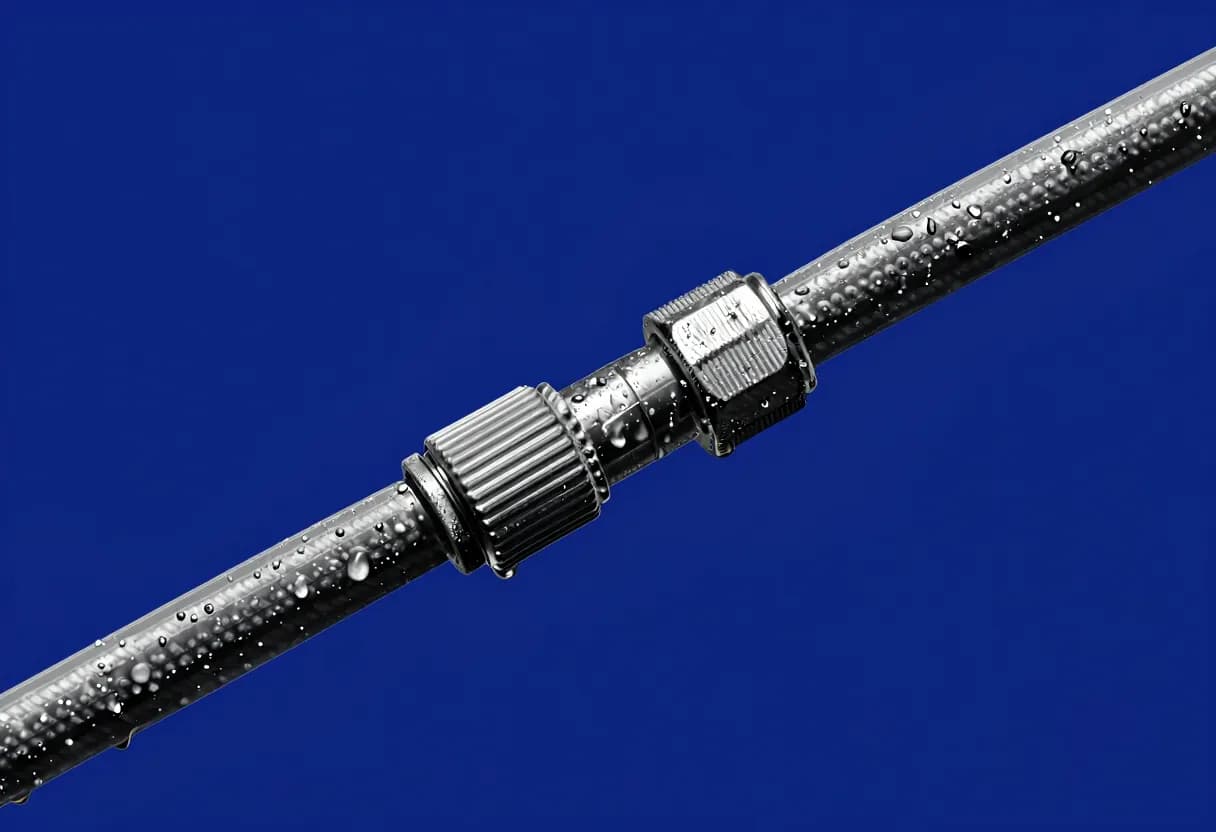 A brass fitting seamlessly connects a narrow garden hose to a much wider hose, with droplets of water at the joint against a dark background.