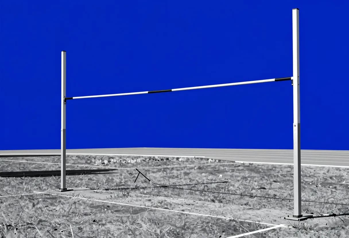 A high-jump crossbar mounted high on metal stands above an empty running track, with a long shadow cast across the surface.
