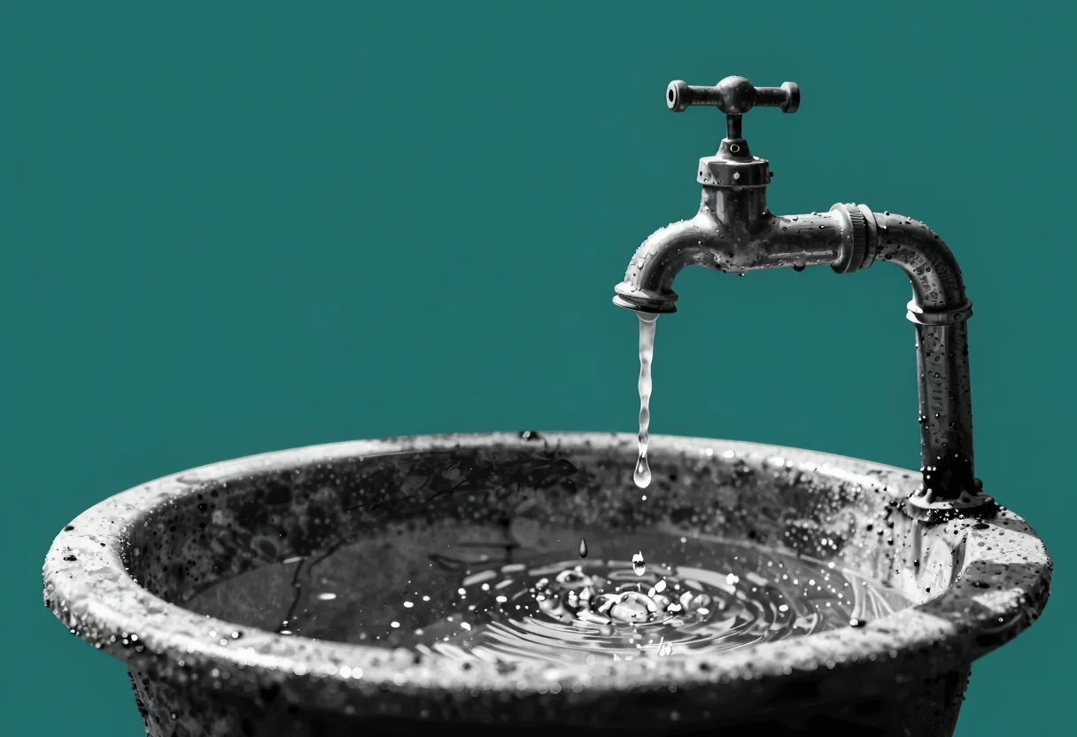 A close-up of an outdoor faucet with water droplets falling toward a basin, many of them dissolving into vapor midair before landing.