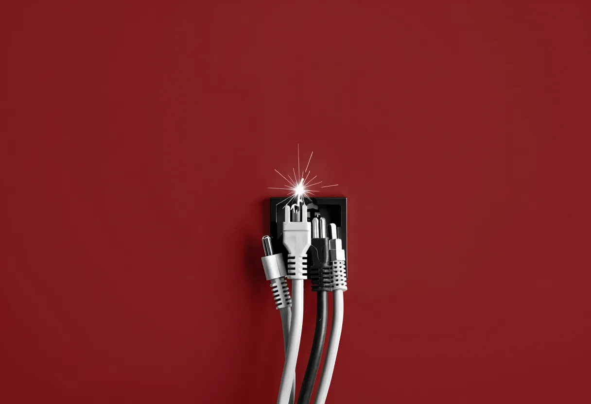 Several colored cables plug into one central electrical outlet, with a bright spark visible where they connect.