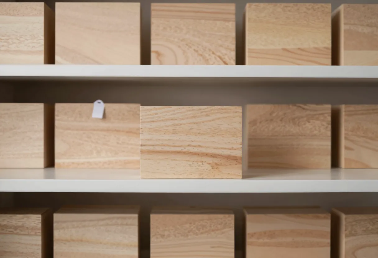 Rows of identical unmarked wooden blocks on a shelf, with only one block, set apart from the rest, bearing a small tied paper tag.