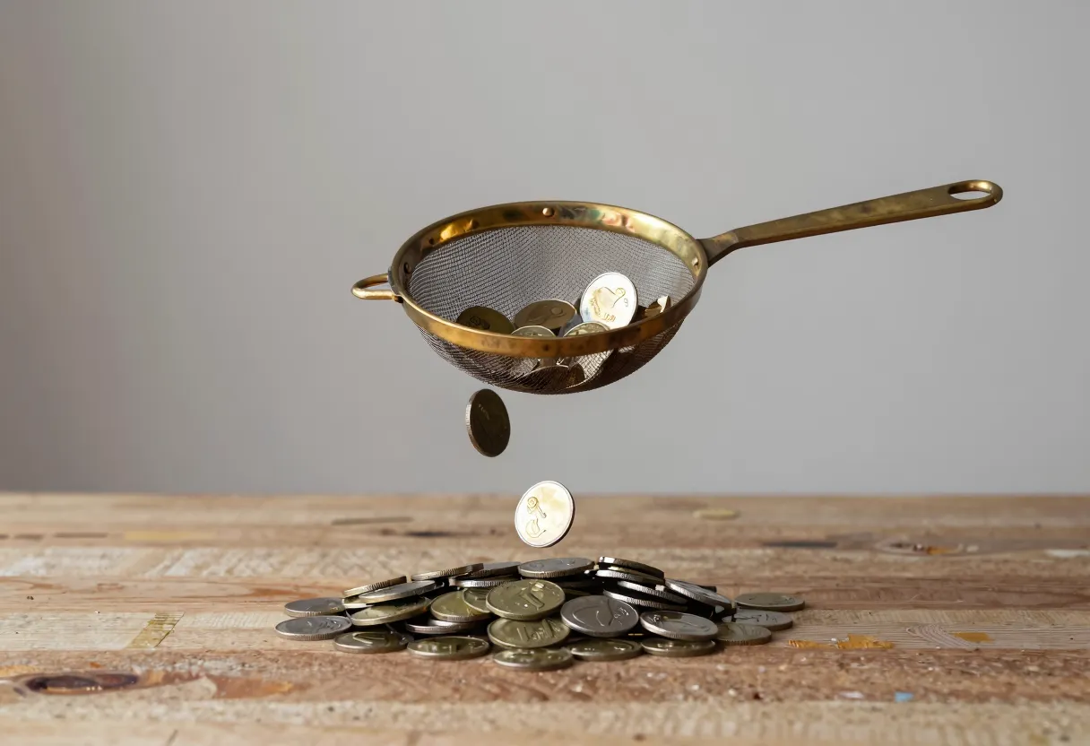 A hand holds a brass sieve over a wooden table, sifting a pile of coins; a few coins remain caught in the mesh while most fall through onto the table.