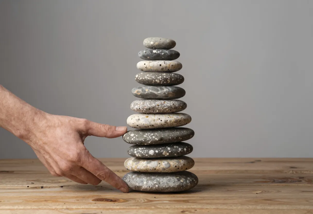 A hand pushes against the bottom stone of a tall, carefully balanced stack of flat river stones resting on a wooden surface.